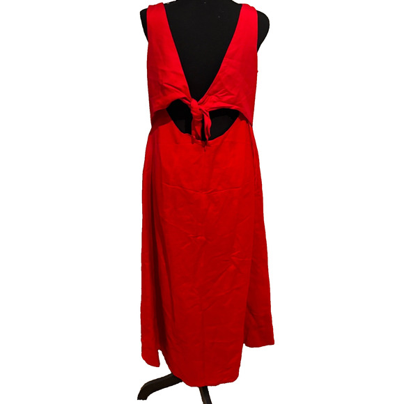 Red Linen Blend Midi A line open back tie dress sz 10 petite coastal old money - Picture 3 of 8